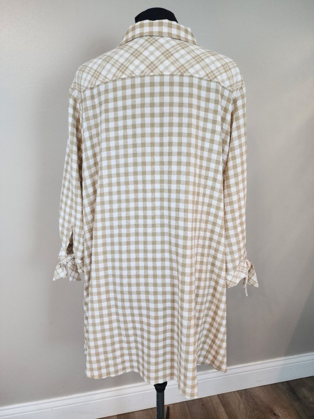 Susan Graver 2XL Yarn Dyed Gingham Button Front Shirt Tunic Raffia Tan Patchwork - Picture 3 of 12